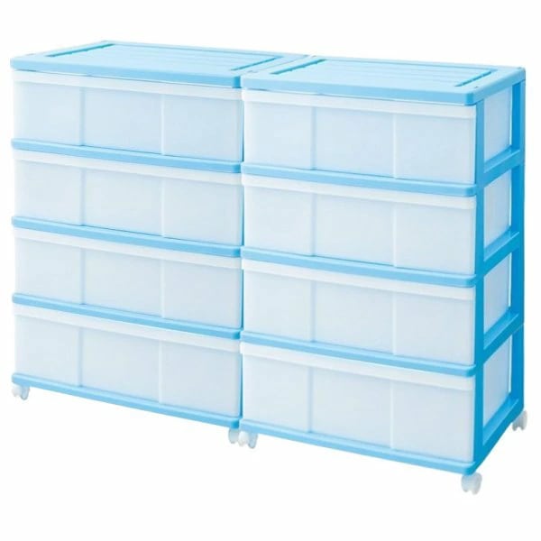 収納ケース プラスチック 引き出し ワイド 4段 2個組 幅60 おしゃれ ブルー キャスター付き