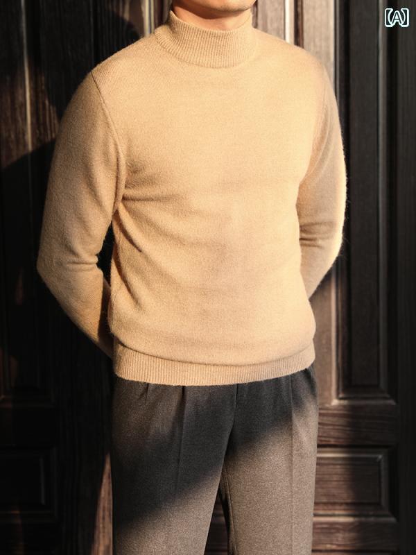 メンズ カジュアル 冬 厚手 暖かい スエード ハーフ タートルネックセーター 無地 プルオーバーシャツ ビジネス レトロ セーター