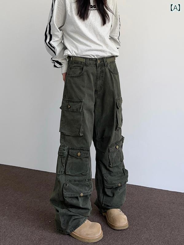 ワイドレッグ　パンツ　レディース apocket アメリカ レトロ 重厚 マルチ ポケット オーバー オール メンズ レディースの クリーン フィット ストレート ワイド レッグ パンツ