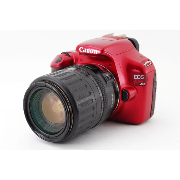 【中古】キヤノン Canon EOS Kiss X50 レッド 高倍率ズームレンズセット 美品 SDカードストラップ付き