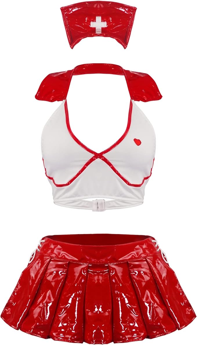 [Sky]レディース コスプレ ランジェリー コスチューム アニメ いたずら 看護師 帽子 フェイク パテント レザー プリーツ ミニスカート セット