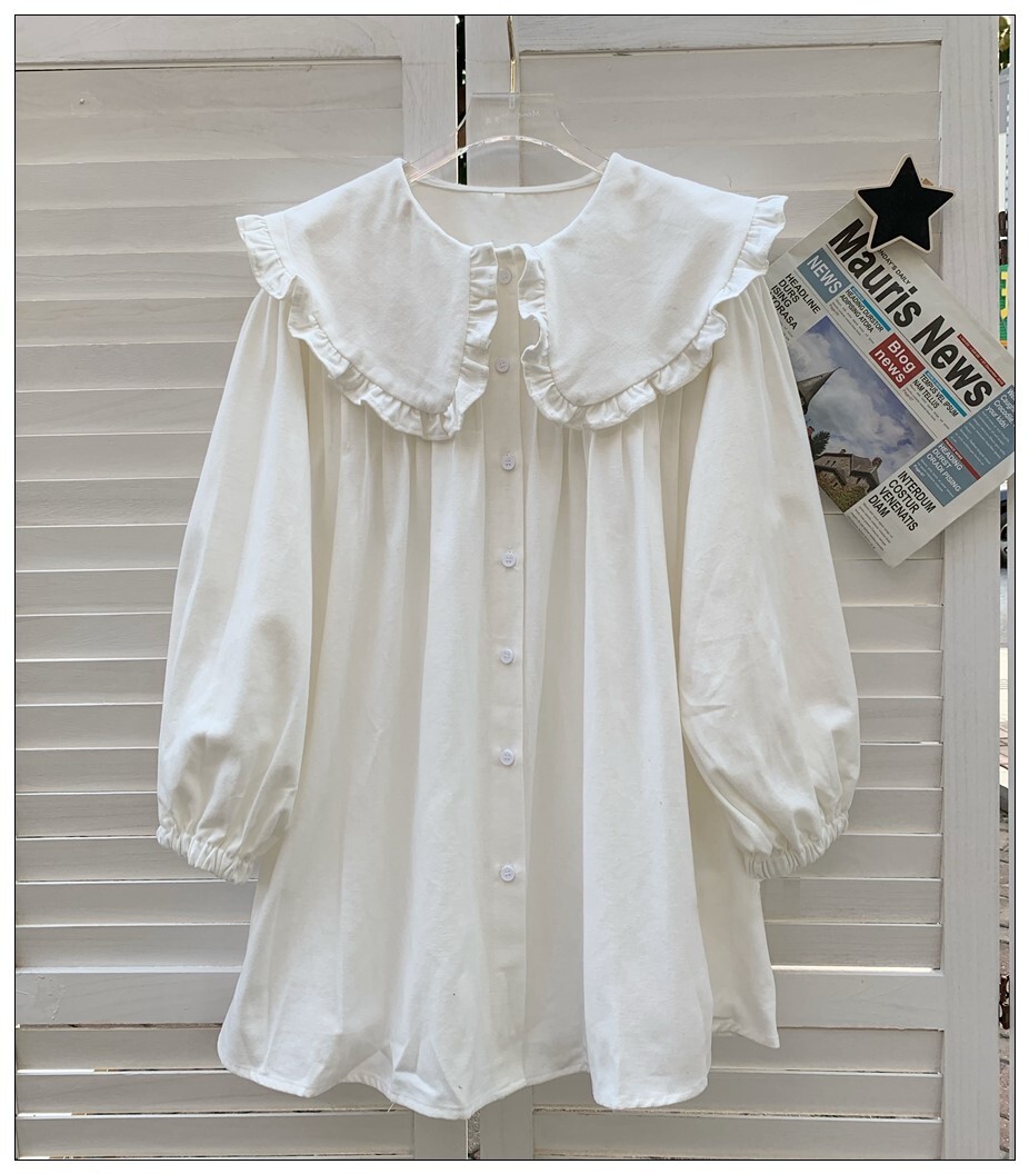 トップス シャツ ブラウス 白シャツ 白トップス 長袖 ボリューム袖 ラウンドネック ビッグカラー 襟付き ワイド 前開き 綿 かわいい シンプル カジュアル おしゃれ こなれ感 ラブリー キュート