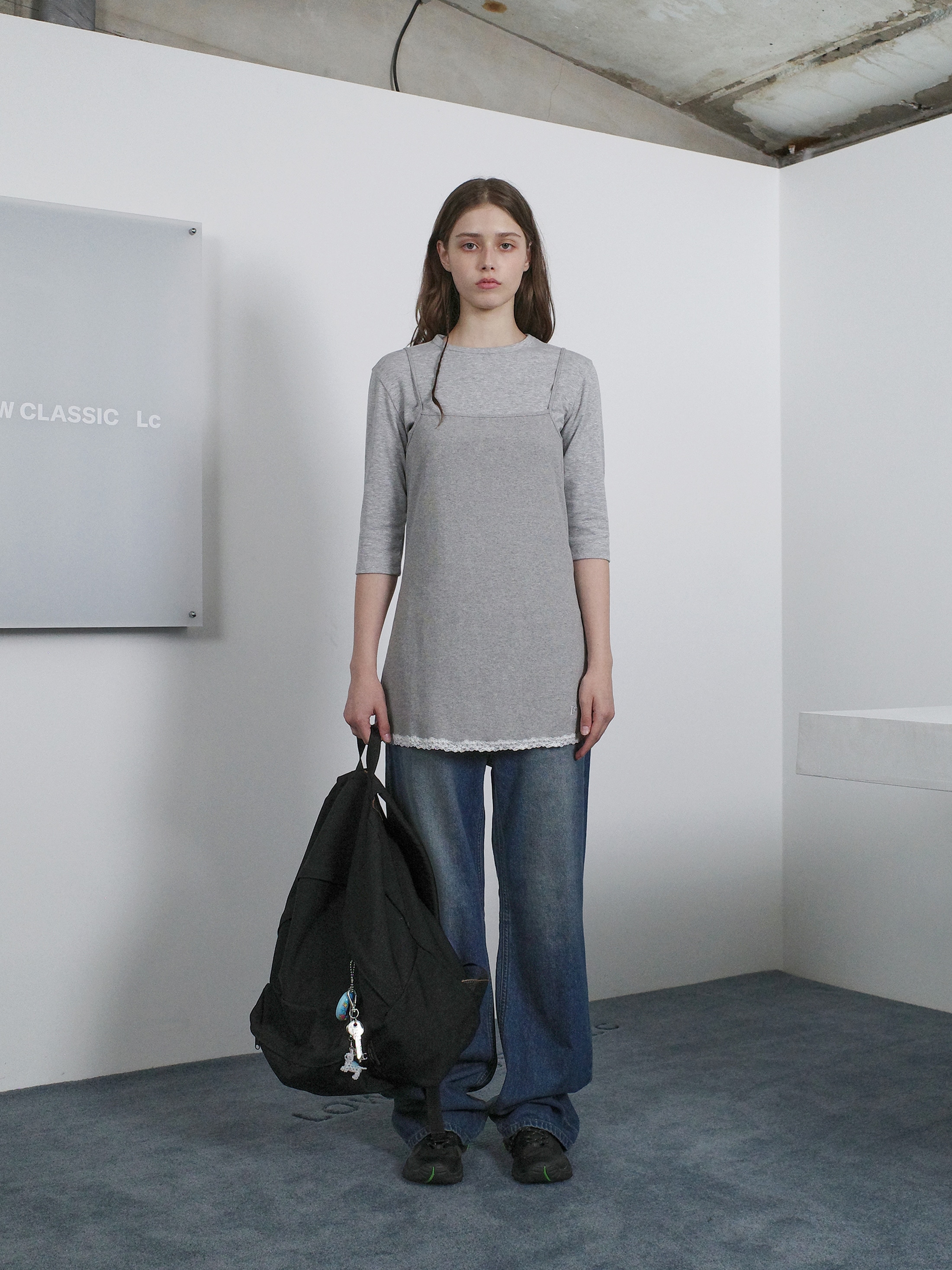 【LOW CLASSIC】 RIBBED LACE LAYERED DRESS : MELANGE GREY