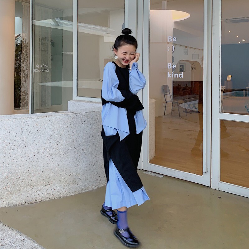 レディース ワンピース 膝下 長袖 ラウンドネック アシンメトリー ドッキング フェミニン フリル バイカラー 配色 かわいい 大人可愛い きれいめ シンプル カジュアル 上品 おしゃれ かっこいい