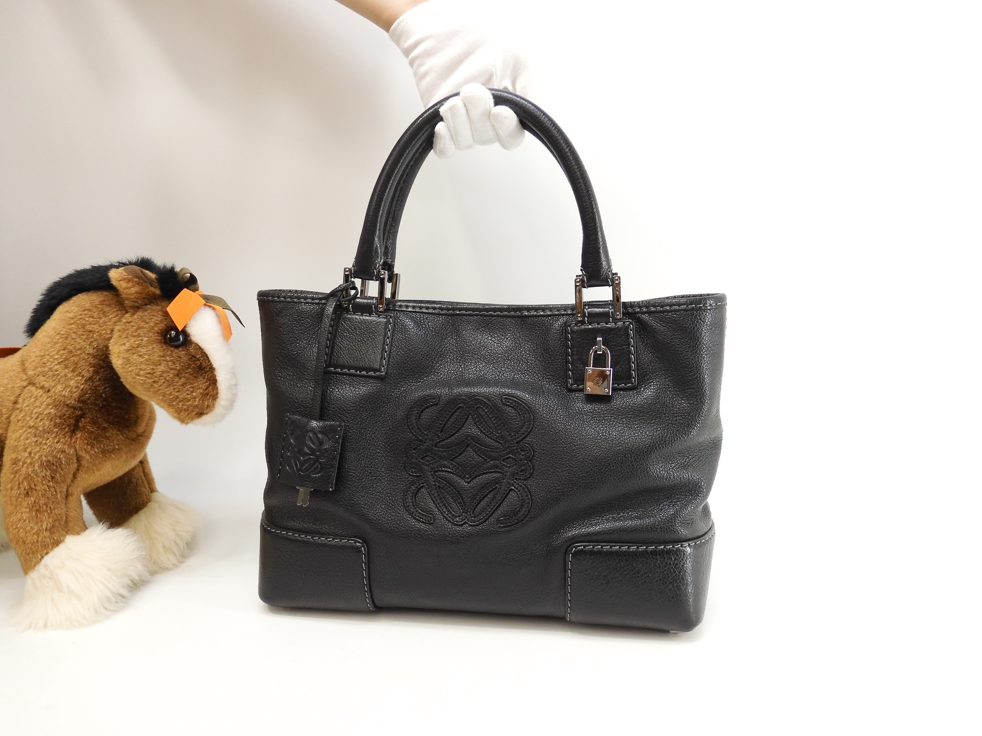 フスタ30 ハンドバッグ レザー黒 シルバー金具 トートバッグ レア@060804