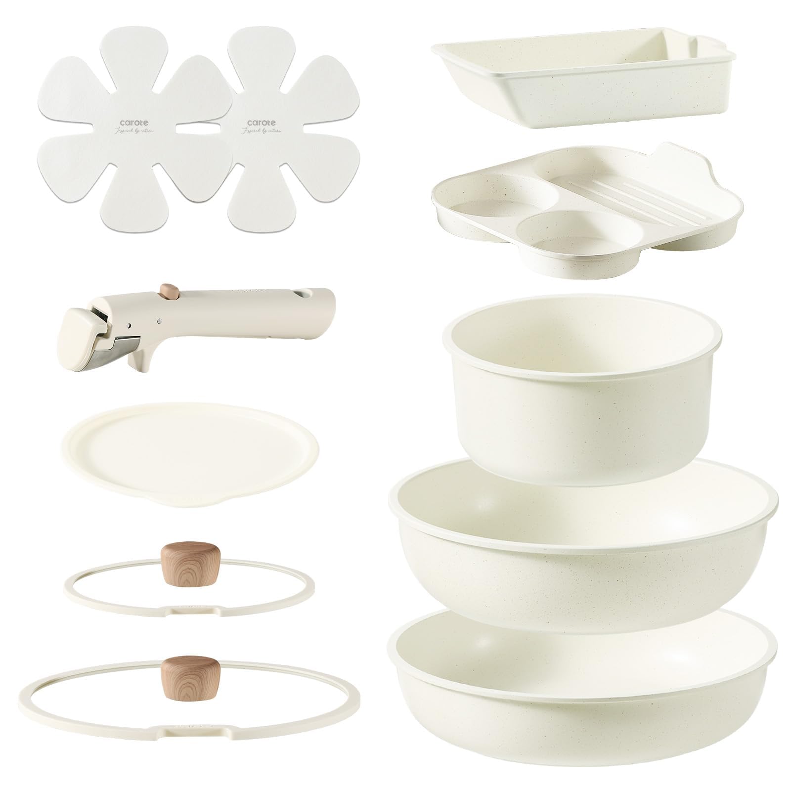 CAROTE カローテ フライパン セット 11点 IH対応 ガス火対応 PFOA PFOS フリー 鍋セット 卵焼き 仕切りフライパン 取っ手のとれる マーブルコート こびりつきにくい