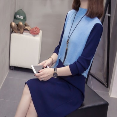 お上品膝丈ワンピース ワンピース ニット 膝丈 長袖 ラウンドネック ストレート Iライン かわいい 5,318円