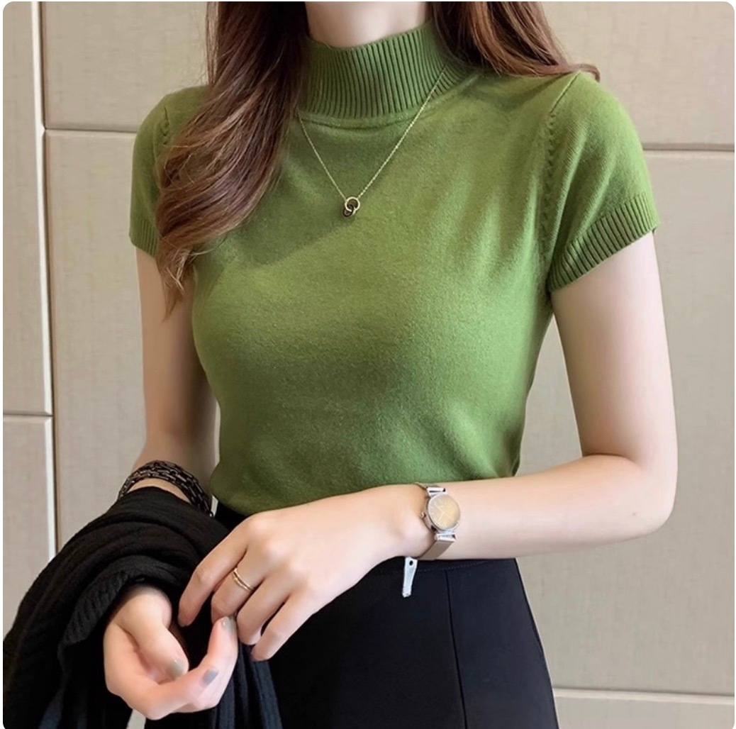 レディース トップス カットソー デート ショート ショート丈 袖あり 半袖 ハイネック スリム タイト 細身 スマート 伸縮性 薄手 かわいい 大人可愛い きれいめ シンプル カジュアル 上品