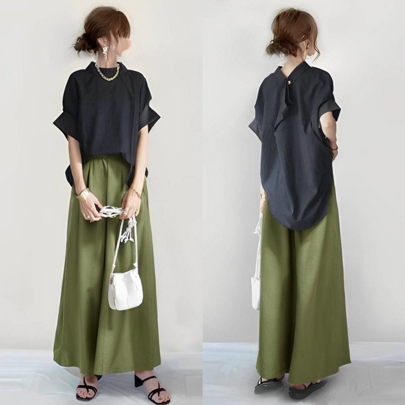 【韓国の人気爆発】 上品さたっぷり カジュアル ラウンドネック 半袖 Ｔシャツ ガウチョパン 無地 ギャザー 2点セット 大人カジュアル