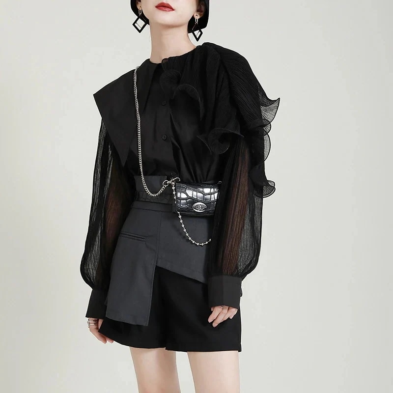 【J.Fashion】 フリル ドッキング ブラウス  レース シアーシャツ 体型カバー チュニック ベルト付き カシミヤタッチ 日焼け止め メガ割30%までに制限