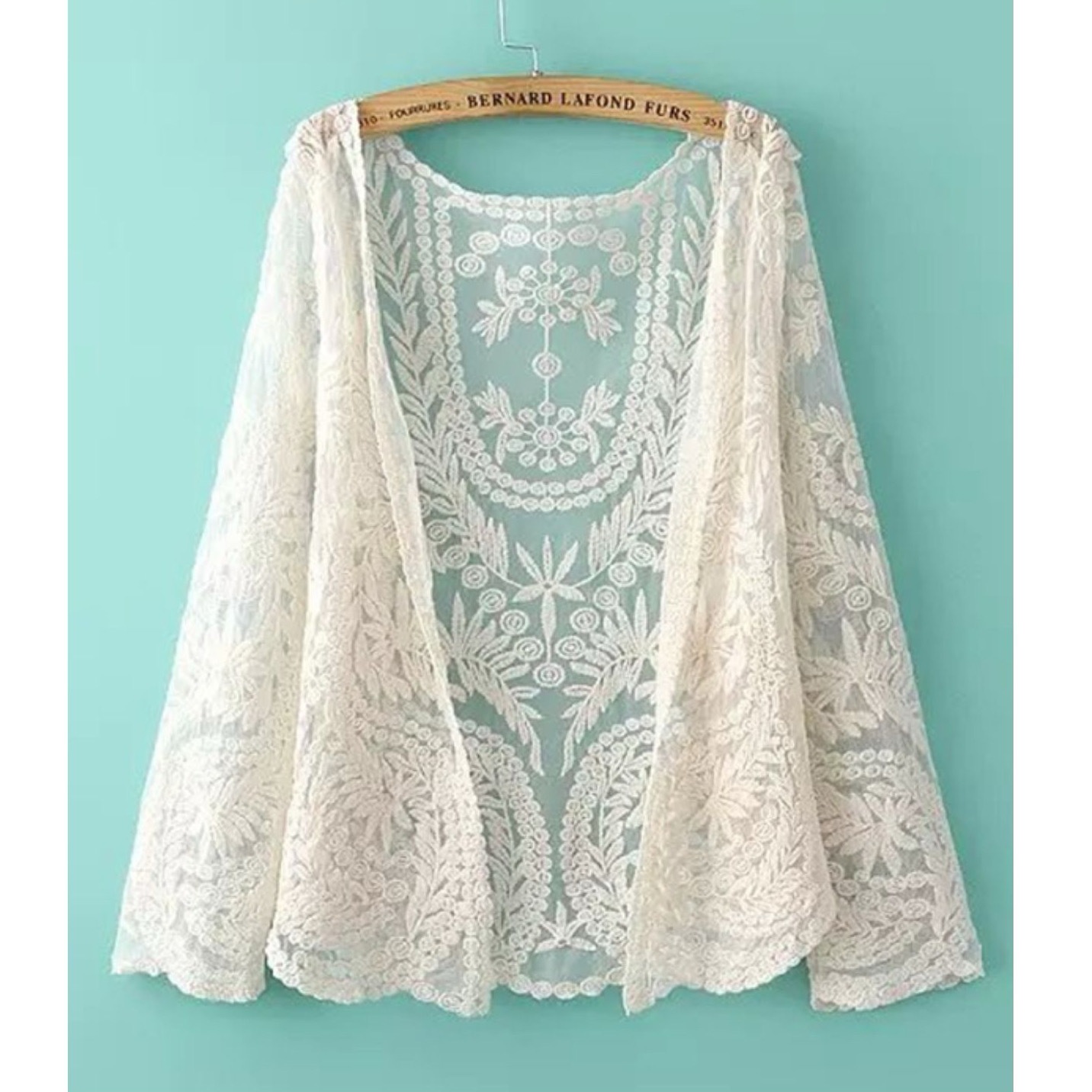 レディース トップス カーディガン 上着 羽織 前開き レギュラー丈 長袖 ドレープ フェミニン レース 刺繍 透け感 シースルー シアー 薄手 かわいい 大人可愛い きれいめ おしゃれ レトロ