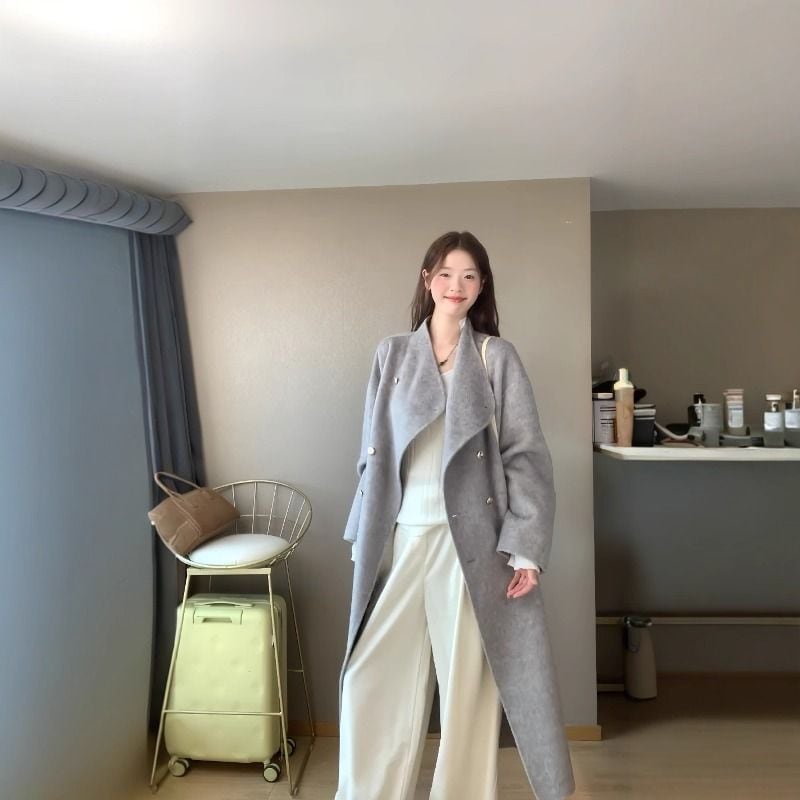 レディースミドル丈グレー両面フリースコート2025年秋冬新作韓国風ゆったりウールコートスパンデックス