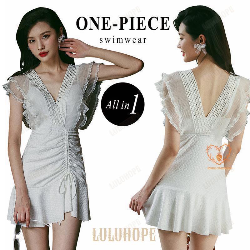 水着 レディース 体型カバー ワンピース オールインワン フリル レース 可愛い 綺麗 大人 ガーリー お洒落 夏 シースルー バックフリル ビーチ パッド付き 胸元