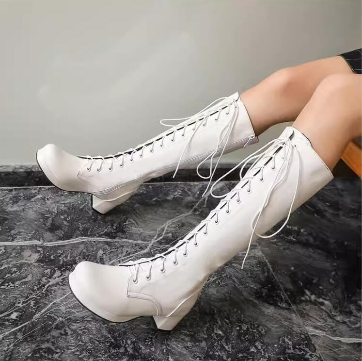 【急速出荷!】レディースブーツ　ロングブーツ　レースアップブーツ　編み上げブーツ　ロリータ風　コスプレ　22～29cm PU　厚底ブーツ　秋冬　春秋　ぺたんこ　ローヒール　5センチ　エンジニアブーツ