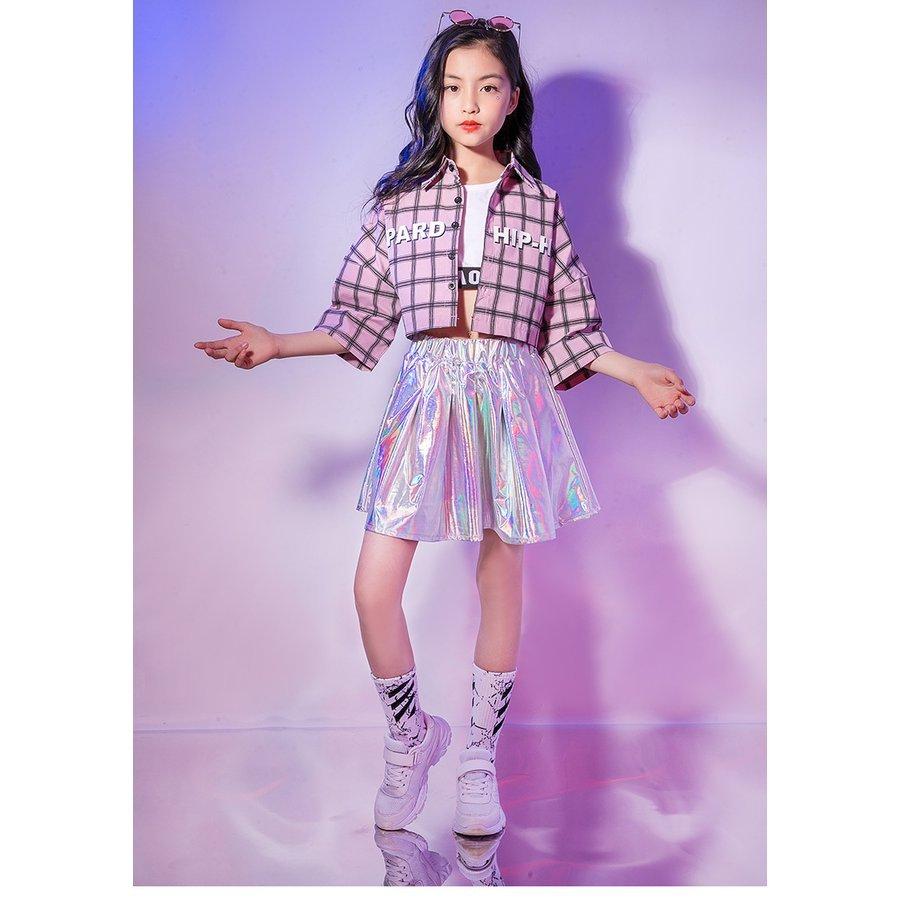 チア チアガール スパンコール チェック柄シャツ フリーツスカート キッズ ダンス衣装 ヒップホップ キラキラ 女の子 HIPHOP ジャズダンス ステージ衣装-532