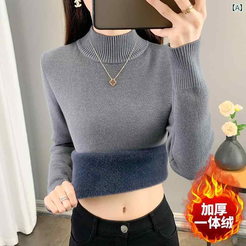 ニット レディース 秋冬 韓国 長袖 厚手 トップス インナー 裏起毛 セーター 大きいサイズ スリム フィット 暖かい 保温 シンプル カジュアル グレー 白 黒 無地
