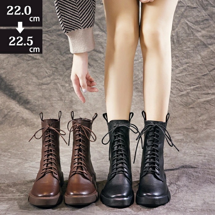 レースアップブーツ レディース ショート ブーツ 牛革 ラウンドトゥ 厚底 3.5cmヒール 婦人靴 ぺたんこ ファスナー 編み上げ 靴 ローヒール 美脚 軽量 柔らかい 痛くない 履きやすい 無地