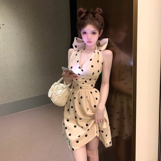 2024 春夏バックリボンドット柄ワンピース安い
