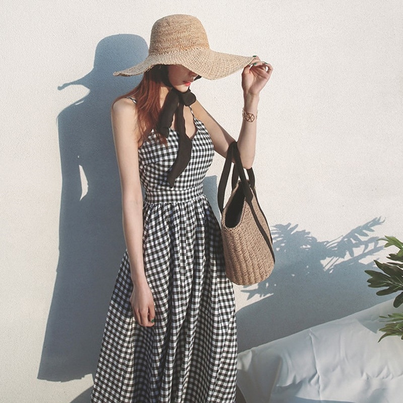 1740. ギンガムチェックバックリボンワンピース（ブラック）2019 春夏 sale リゾート プール 海 カジュアル 大人可愛い 女子会 普段使い 通学 100,000円