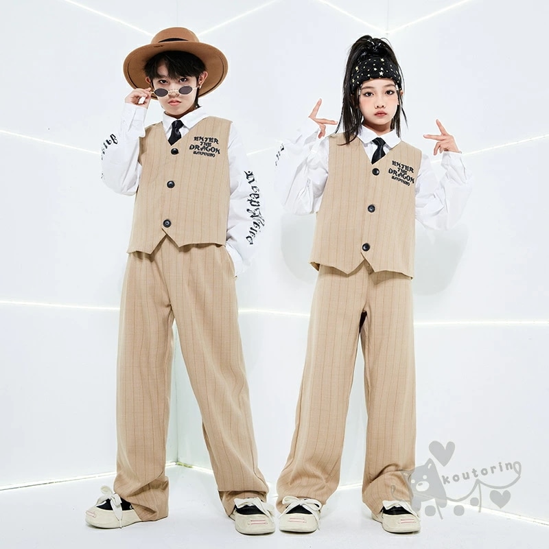 キッズダンス衣装 ヒップホップ ガールズHIPHOP トップス キッズダンス K-POP キッズ衣装 カーキ 派手 K-POP 韓国 ステージ衣装 応援団 練習着 体操服 発表会 hiphop 演出服
