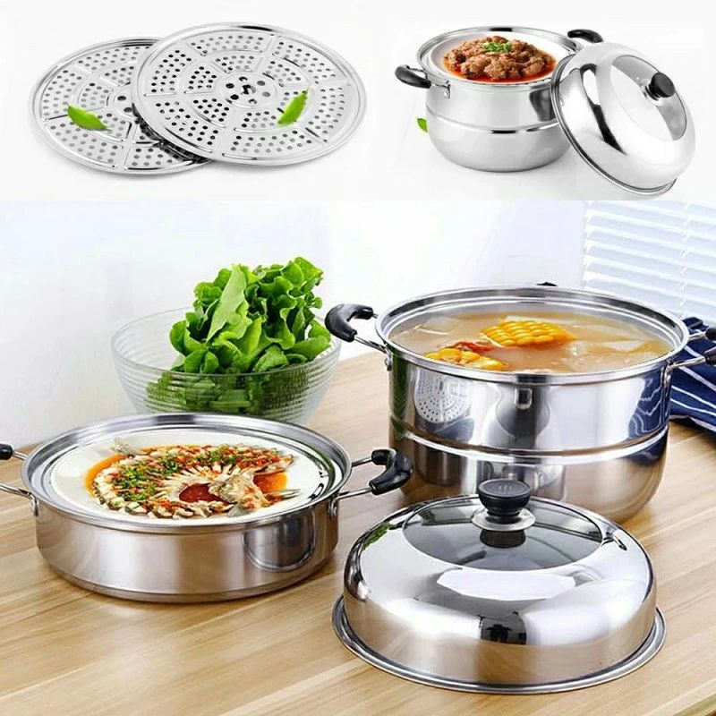 蒸し器 両手鍋 蒸し鍋 中華鍋 2段 満菜 ステンレス製 IH対応 深型 多用途 各種熱源対応 クリア蓋 蒸し用プレート付属 サイズ28cm～32cm
