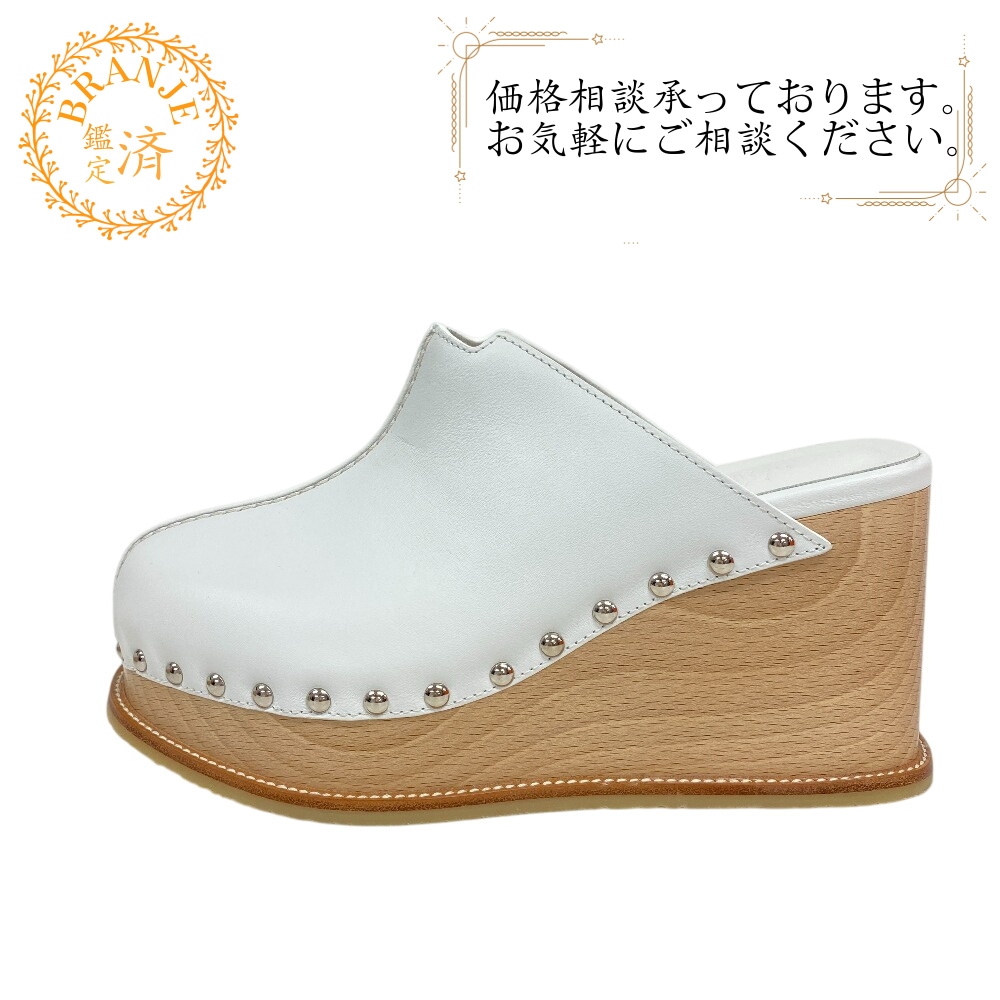 ミュール ウッドヒール サボ スタッズ レザー サンダル ホワイト 23 ブランド