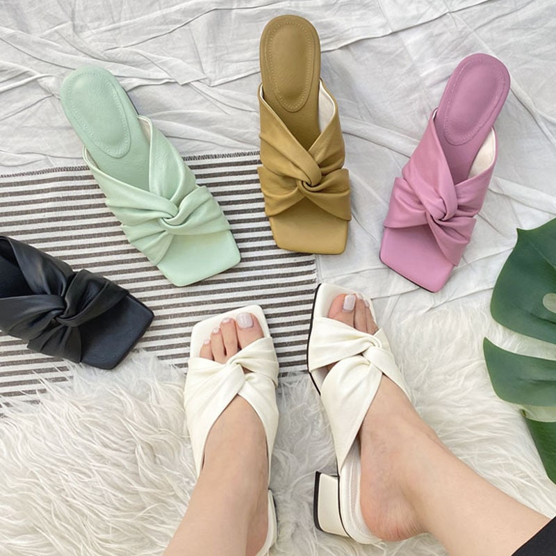 5color ユニークなツイストデザイン スクエアトゥ．オープントゥ 4.5cmヒール デイリーミュール．サンダル