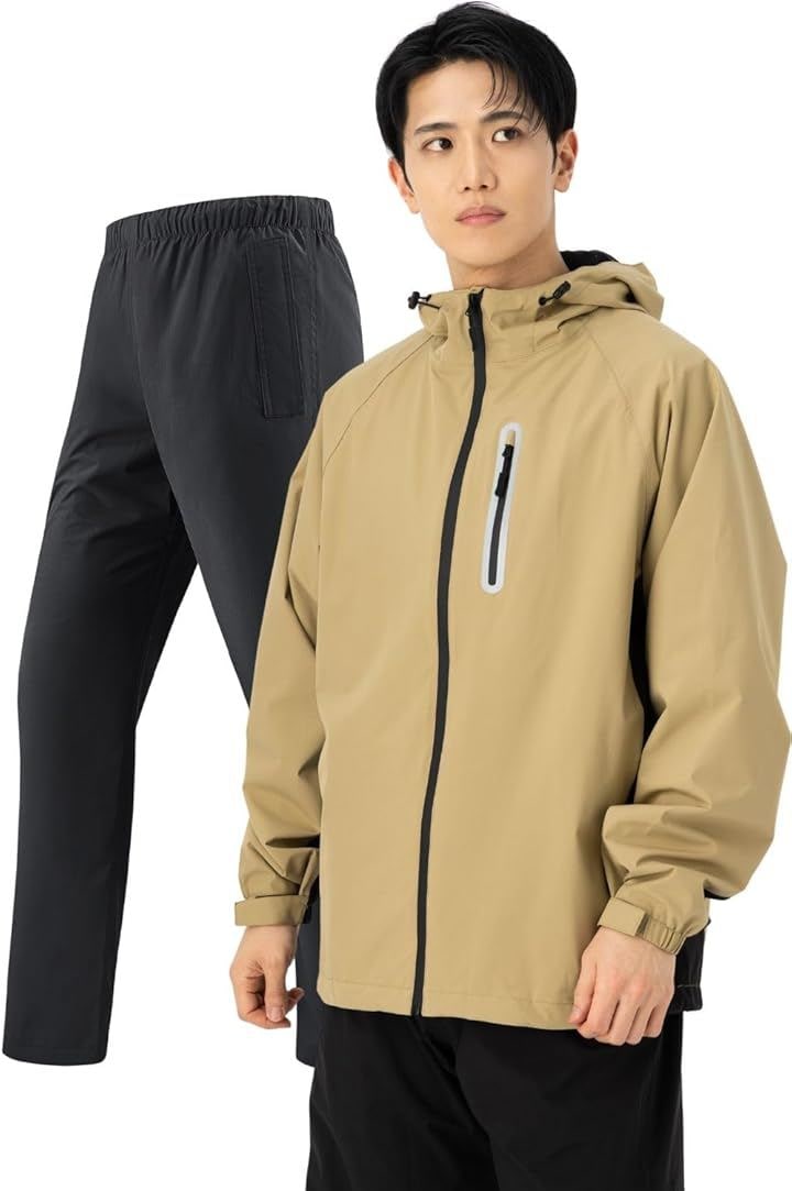 大雨でも快適 レインウェア 上下セット メンズ カッパ 通勤 通学 防水 雨具 自転車 サイクル レインパンツ 登山 釣り (ベージュ, 2XL)