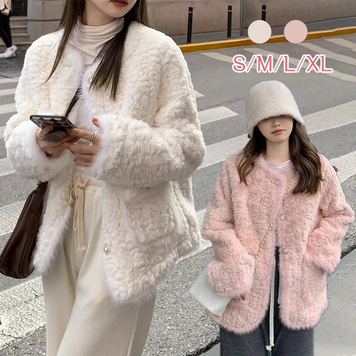 ファーコート レディース ボアコート ジャケット ショート丈 ノーカラー フェイクファー 秋冬 あったか アウター ボア もこもこ ふわふわ 厚手 トップス 無地 防寒 カジュアル きれいめ 大人 通 6,299円