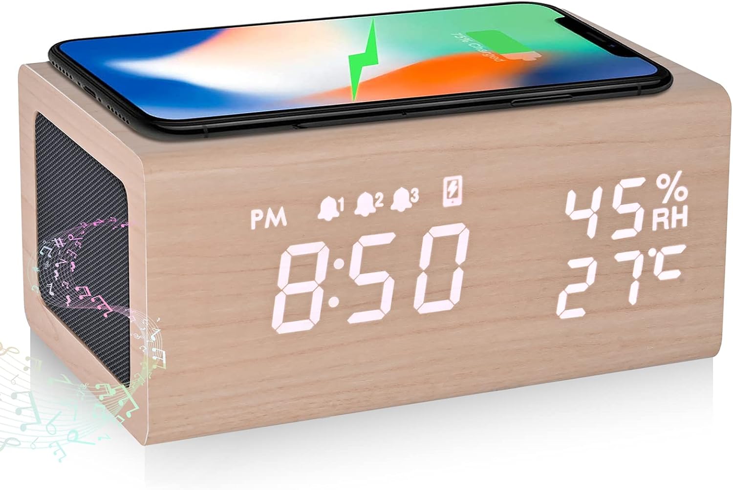 Electime 目覚まし時計 めざまし スピーカー Bluetooth5.0 ワイヤレス充電器 3組アラーム 木目 置き時計 デジタル 卓上 湿度 温度計機能 年月日表示 メモリバッテリー付き 技適