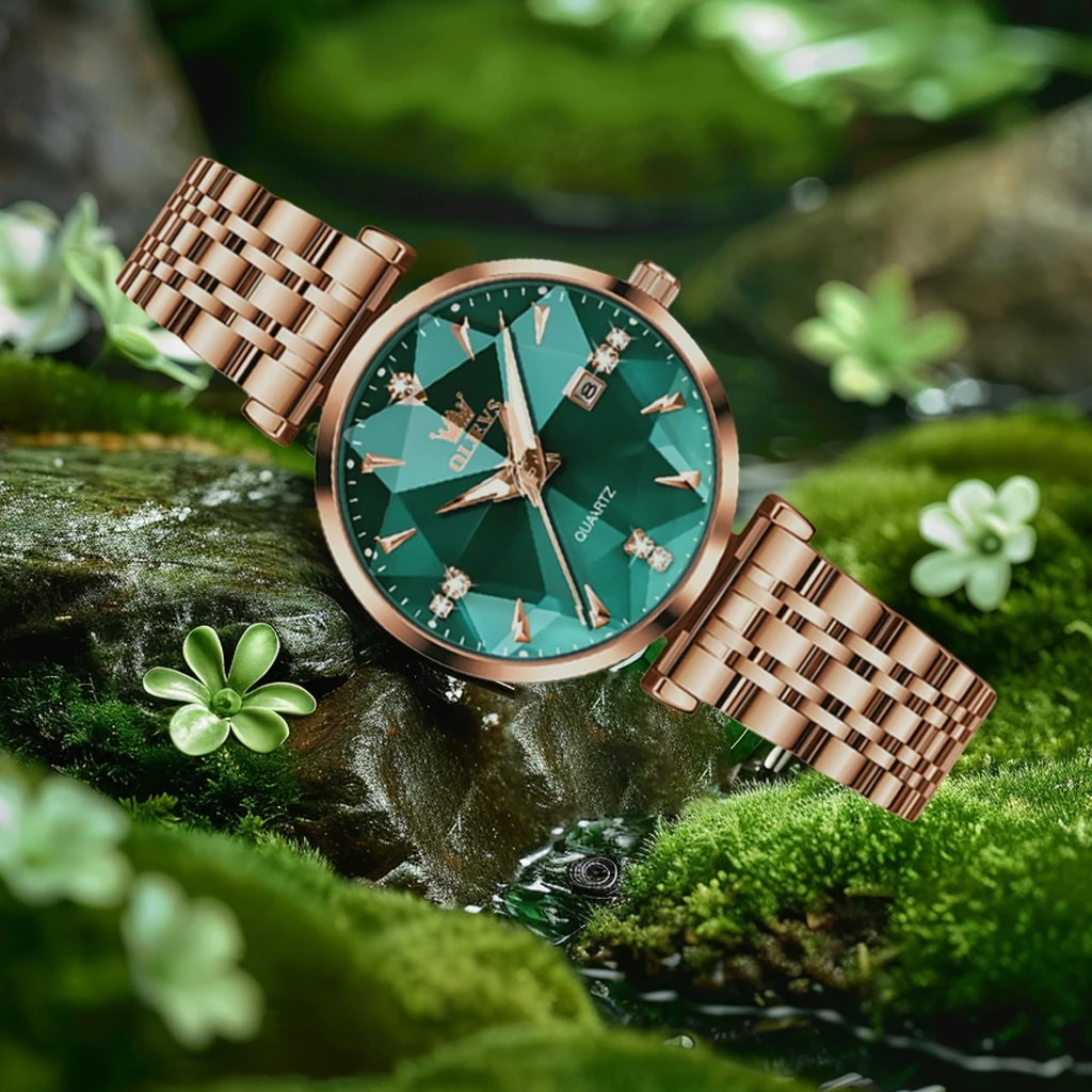 Olevs-クォーツ時計 レディース用 ダイヤモンドミラー 防水 耐衝撃性 ローズゴールド ステンレス鋼 トップブランドの腕時計 恋人へのギフト 5536