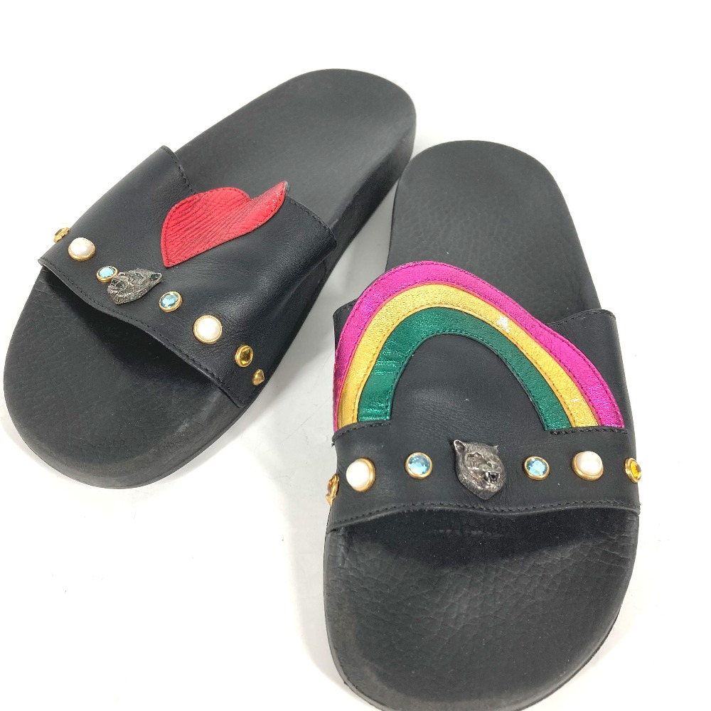 サンダル 454660 キャットヘッド レインボー ラインストーン 靴 シューズ ラインストーン プールサンダル ビーチサンダル フラット ラバー ブラック