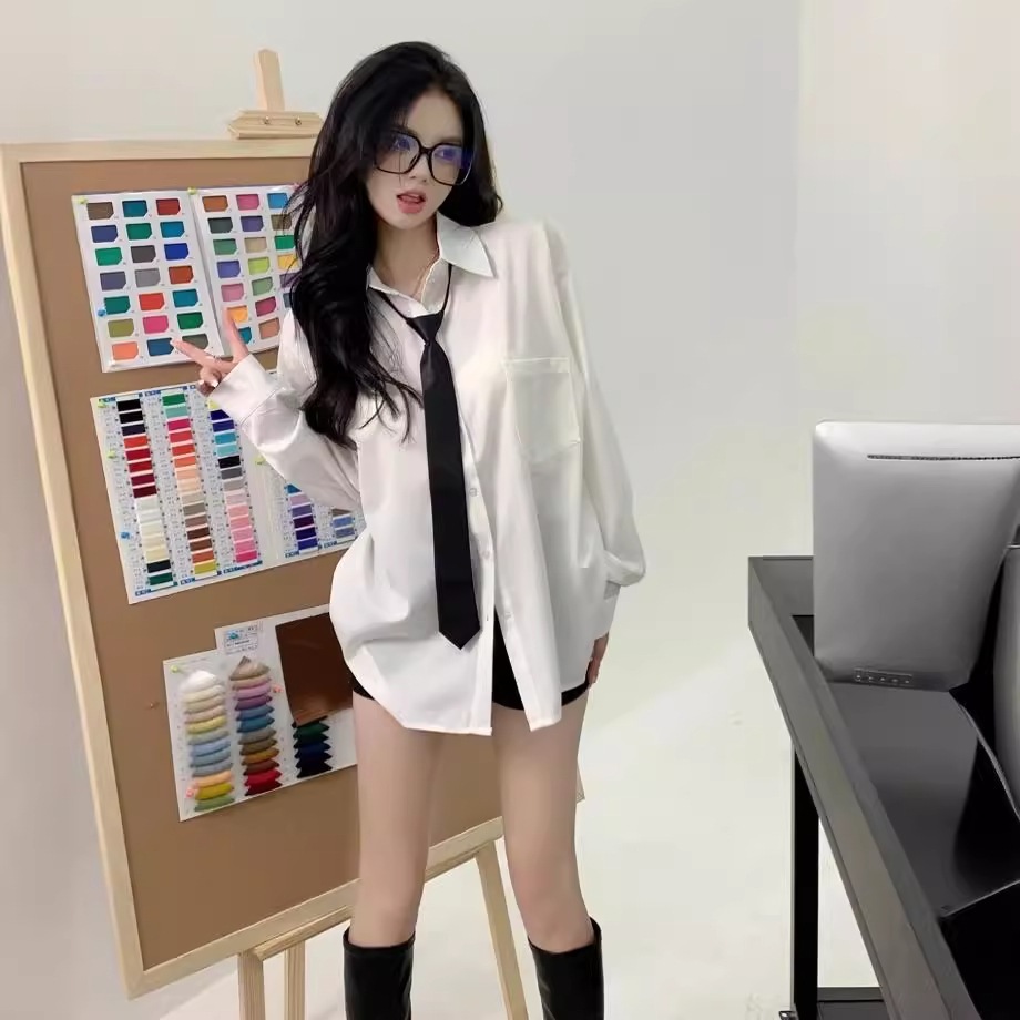 長袖シャツ レディース 制服 ゆったり カレッジ風 ネクタイ付きホワイト1042