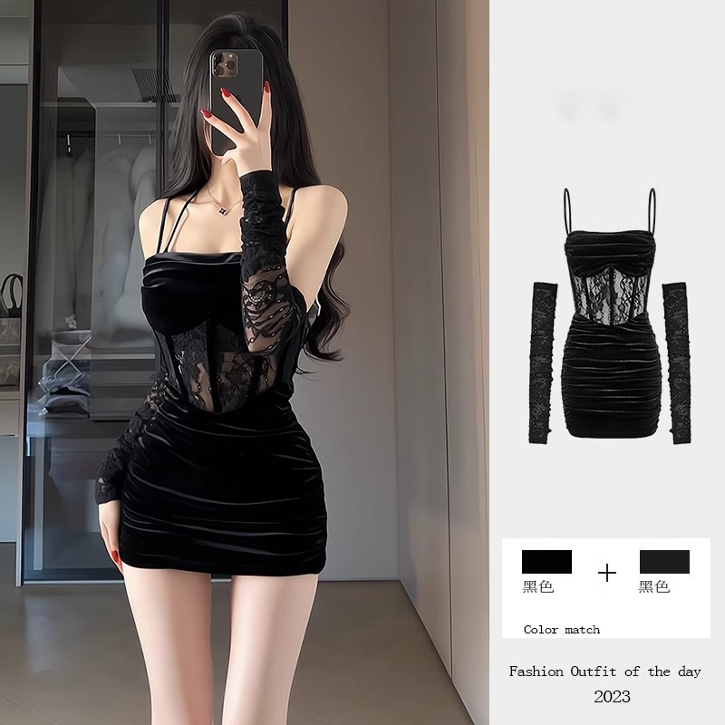 黒いレースストラップ気質ワンピース女性秋冬新は純欲セクシーなギャル包み尻短いスカートを着ます