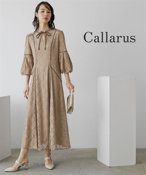 ドレス 結婚式・パーティー・オケージョンドレス フロントリボン使いデザインスリーブ総レースワンピースドレスCallarus