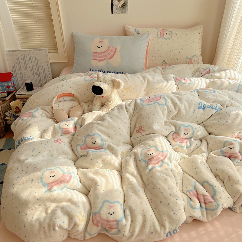 カテゴリー A: 冬仕様の厚手新鮮でかわいいミルクフリースの寝具 4 点セット漫画風のコーラルフリースのシーツと羽毛布団カバー付き 5,874円