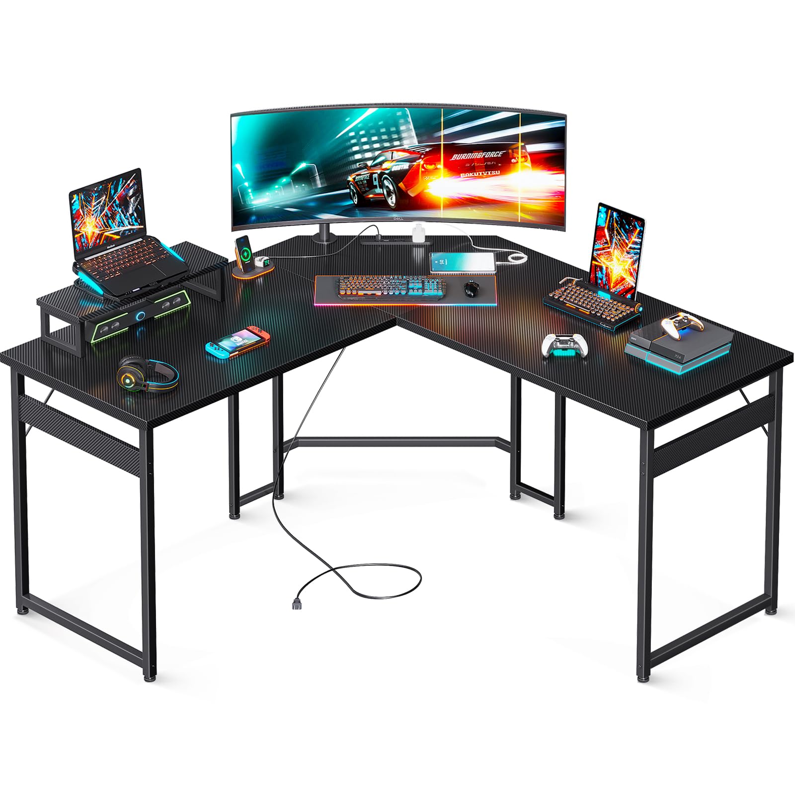 字デスク パソコンデスク L字型 ゲーミングデスク デスク 机 幅128*128 コンセント付き pcデスク モニター台付き オフィスデスク 組立簡単 勉強机 在宅勤務 学習机 カ 53318