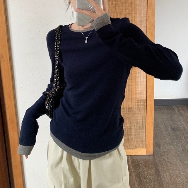 レイヤードニット レディース トップス ニット 腰丈 長袖 ラウンドネック ストレート バイカラー 配色 重ね着風 大人可愛い きれいめ シンプル とろみ感 シック モード ナチュラル 無地 秋 冬