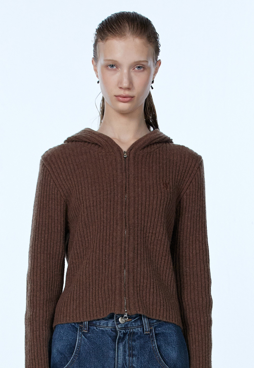 【WOOALONG】 SIGNATURE SLIM HOOD KNIT ZIP-UP : BROWN