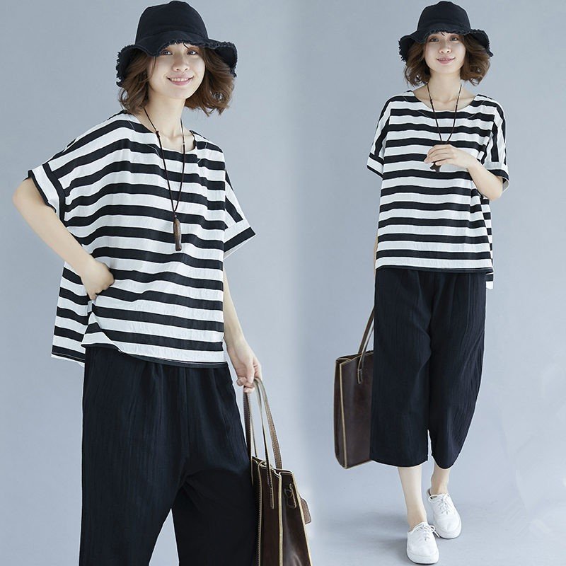 セットアップ 森ガール レディース ボーダーTシャツ パンツ サルエルパンツ 七分丈 体型カバー ゆたり 大きいサイズ カジュアル 30代40代50代 バレンタイン 2023 プレゼント