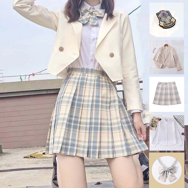 5点セット(ベージュブレザー+スカート+リボン+ブラウス+バッチ) 入学式定番ブレザー制服スクールジャケットイベントチェックスカート就職活動面接アウターコート 卒業式