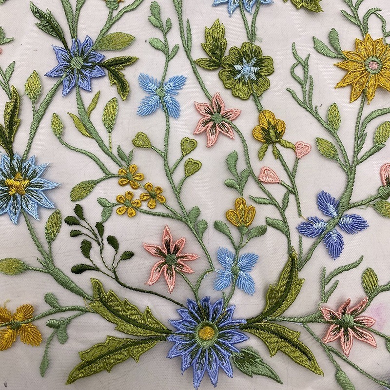 13色 115cm幅 440cm単位 生地 布 布地 刺繍 花柄 植物柄 立体 透明 薄手 メッシュ カラフル