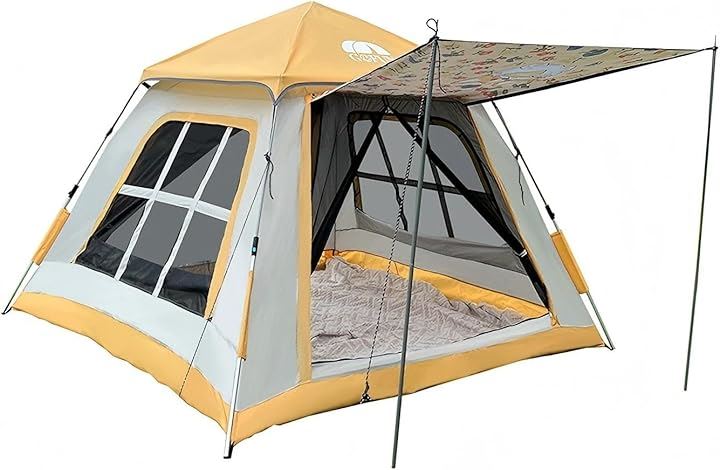 テント ワンタッチテント 2～4人用 2WAY キャンプテント 耐水圧2000mm 二重層 設営簡単 uvカット加工 アウトドア 前室付き(ベージュ, 210x210x150cm)