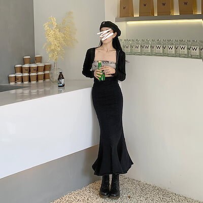 デニムスプリットスカート女性22春ハイウエストミドル丈ブラックフィッシュテールスカートヒップ付き