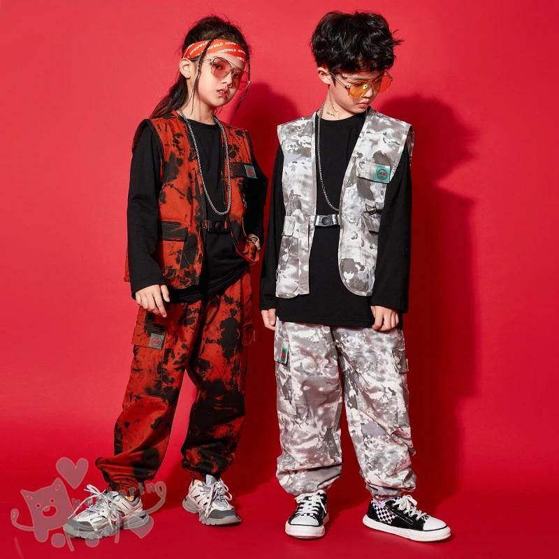 新しいダンスウェア キッズダンス衣装 ヒップホップ 子供服 キッズ ダンスウェア 黒Ｔシャツ タイダイ柄 ベスト パンツ ストリート カジュアル 演出 個性的 男の子 女の子 ステージ2つの方がお得で