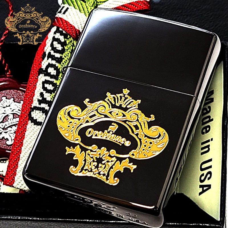 ZIPPO Orobinco ニッケルブラック＆ゴールド オロビアンコ 黒金 ロゴ ブランド ジッポ ライター かっこいい イタリア 金差し シンプル メンズ ミラノ ギフト プレゼント