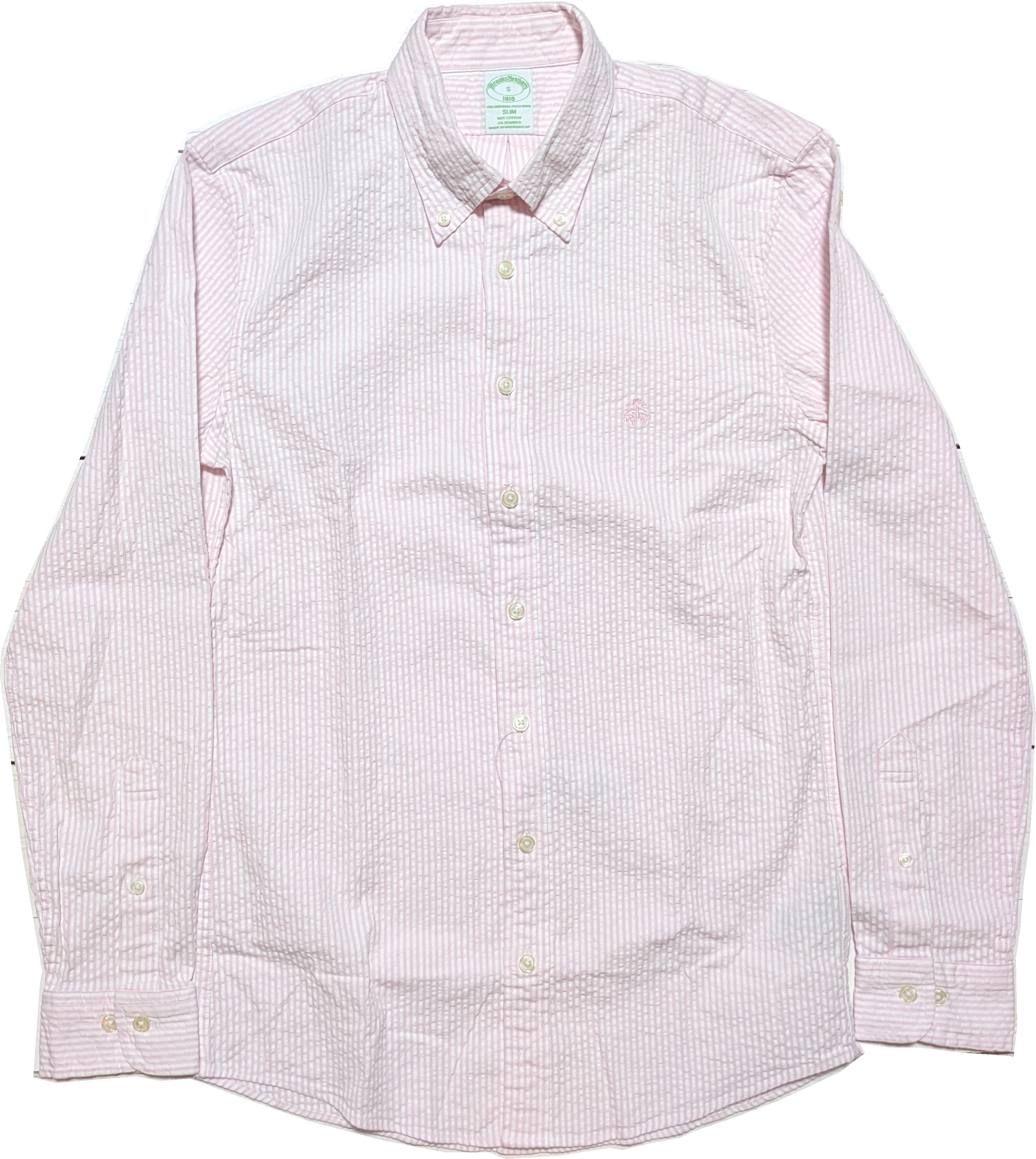 シアサッカー 長袖 ボタンダウンシャツ ワンポイント ピンク ストライプ メンズ Brooks Brothers 012