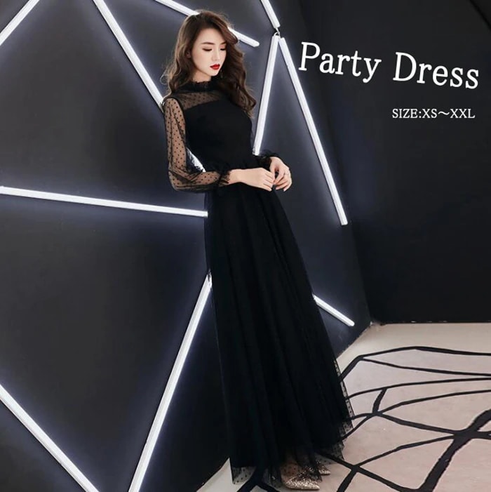 送料無料　パーティードレス　結婚式 ワンピース 水玉柄　ドット柄 ロングドレス パーティードレス 袖あり 長袖 ロング ドレス ピアノ 発表会 演奏会 パーティー パーティ ブライダル ウェディング