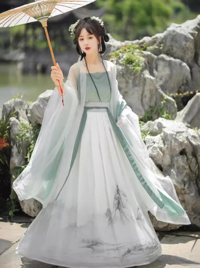 漢服 レディース コスプレ衣装 3点セット 漢風 古風 フレア袖羽織 中華風ドレス 古典ダンス衣装 学園祭 文化祭 イベント 発表会 撮影衣装 ハロウィン コスプレ衣装 コスチューム グリーン