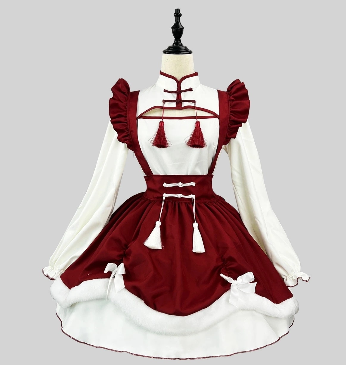 迅速な出荷 中華メイド服 長袖 ミドル丈 ワンピース Ａライン 大人 クリスマス メイドコス エプロンドレス 中華風 メイドコスチューム 穴開け 房付き チャイナワンピース ハロウィン Xmas コス